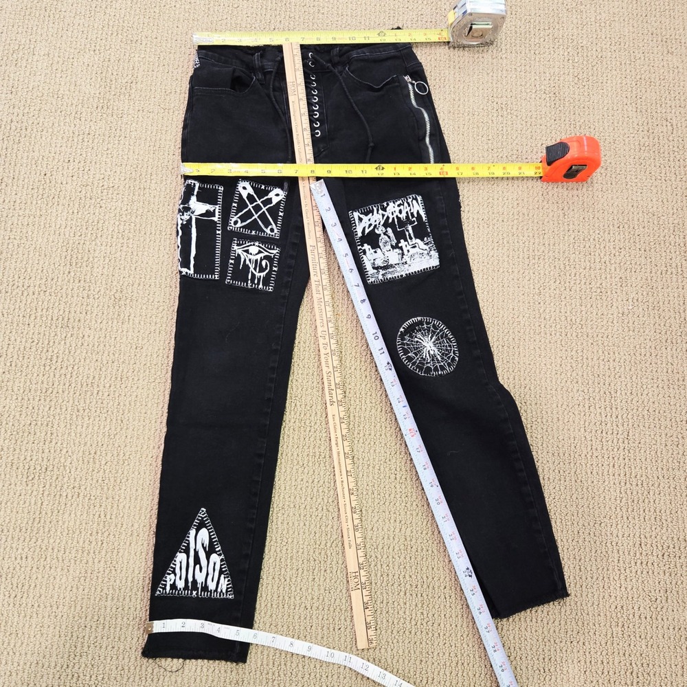 Current Mood Dolls Kill Black Jeans Womens Medium Patch Lace Up Punk Goth Skinny - Picture 13 of 16